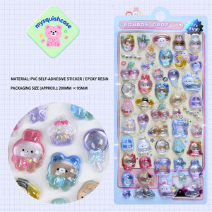 Adorable 3D embossed dopamine doll stickers with crystal effect. Perfect for phone cases, laptops, water bottles. Soft squishy texture, removable & reusable. Unique handcrafted designs!