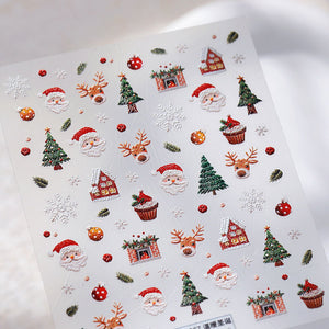 This is a sticker with Santa Claus, a Christmas tree and a Christmas house