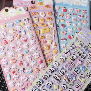 Adorable spring panda family-themed 3D epoxy stickers. Perfect for decorating phone cases, laptops, and DIY crafts. Cute kawaii panda animal character decals.
