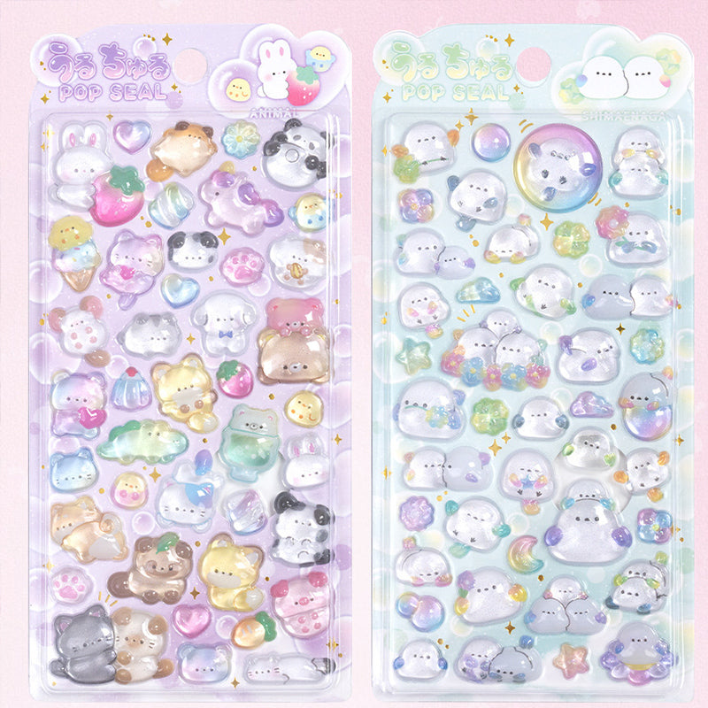 Adorable iridescent cloud creature themed 3D epoxy stickers perfect for DIY phone cases and crafts. High-quality self-adhesive kawaii stickers for personalization!