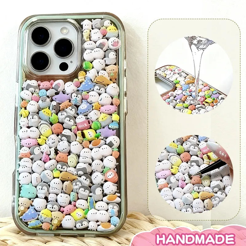 Handmade Kawaii Round Cartoon Creature Sticker Collage Clear Phone Case Handmade Kawaii Round Cartoon Creature Sticker Collage Clear Phone Case