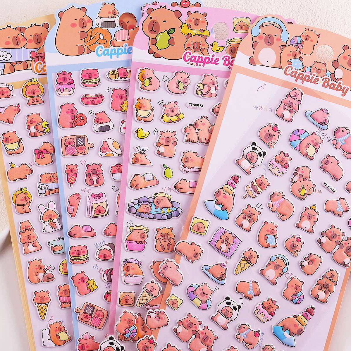 Adorable capybara trendy party-themed 3D bubble gum stickers with fun designs. Perfect for decorating phone cases, laptops & journals. Soft rubber kawaii stickers.