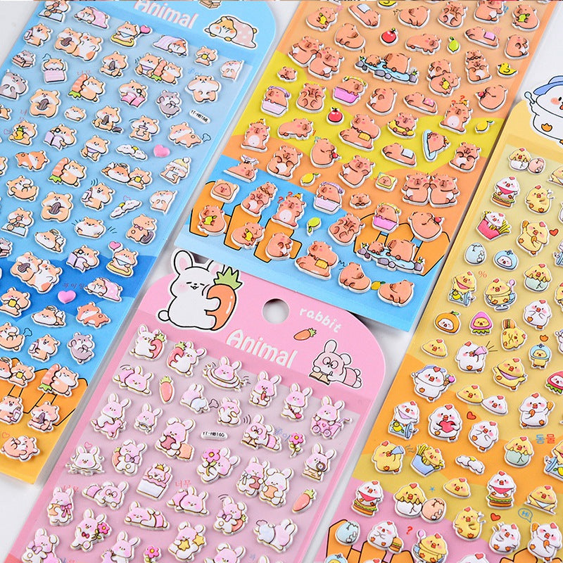 Adorable capybara-themed 3D bubble gum stickers perfect for decorating phone cases, laptops & journals. Soft rubber kawaii animal stickers with fun party designs.
