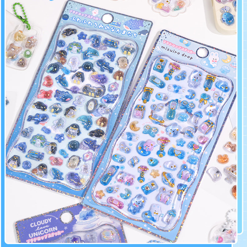 Adorable deep sea party-themed 3D epoxy stickers featuring cute underwater creatures. Perfect for decorating phone cases, laptops, and crafts. Kawaii ocean character decals.