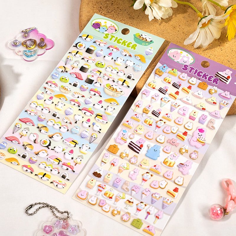 Adorable sushi-themed 3D bubble gum stickers with cute creature party designs. Perfect for decorating phone cases, laptops & journals. Soft rubber kawaii stickers.