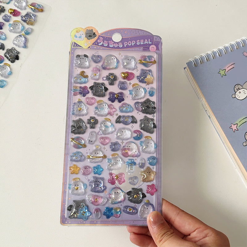 Playful 3D holographic angel and devil stickers perfect for DIY phone cases and crafts. High-quality self-adhesive kawaii stickers add iridescent cuteness!