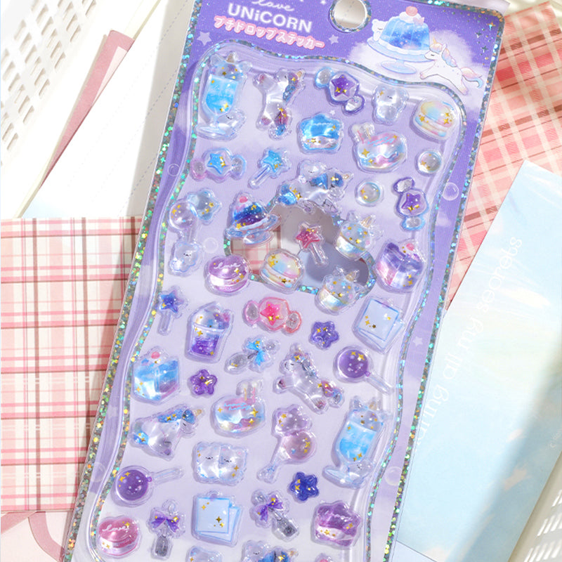 Magical iridescent unicorn-themed 3D epoxy stickers featuring adorable creatures. Perfect for decorating phone cases, laptops, and crafts. Holographic kawaii fantasy decals.