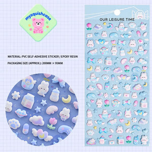 3D embossed bubble sticker sheet with cute blue rabbit & cloud patterns, PVC self-adhesive, size 200×95mm