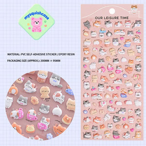 3D embossed bubble sticker sheet with cute cat patterns (calico, tabby, etc.), PVC self-adhesive, size 200×95mm