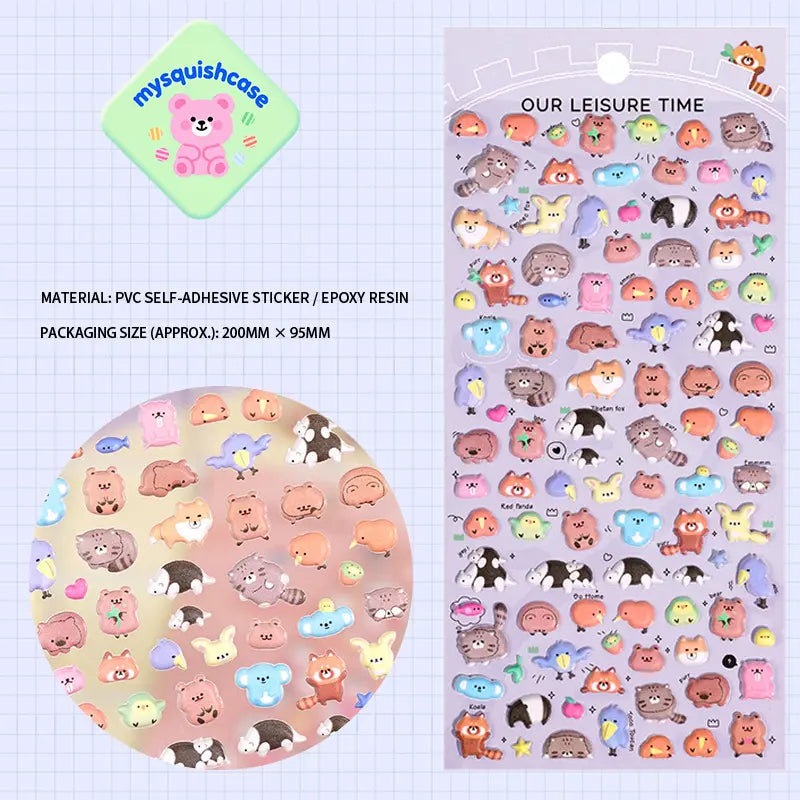 3D embossed bubble sticker sheet with cute forest animals (bear, raccoon, panda, etc.), PVC self-adhesive, size 200×95mm