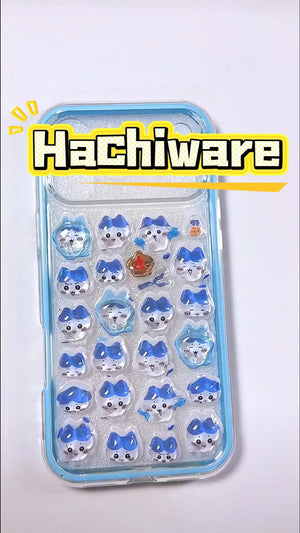 Handcrafted clear light blue phone case filled with a dense 3D collage of glossy, transparent Chiikawa Hachiware cat anime charms.