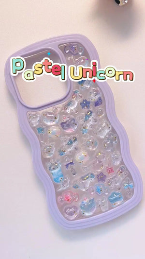 Handcrafted phone case with a soft lavender purple border filled with a dense 3D collage of glossy, transparent caramel pudding cups, cream desserts, and red cherries.