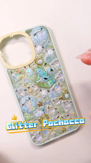 Handcrafted clear phone case with a mint green border and yellow star camera frame, densely filled with a 3D collage of glossy, glitter-infused Pochacco dog charms, golden hearts, and mini rocking horses.