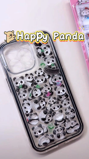 Handcrafted phone case with a clear black border filled with a dense 3D collage of glossy, transparent cartoon giant panda charms and green bamboo leaves.