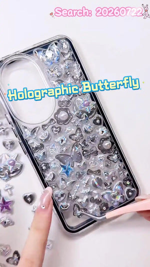 Handcrafted clear black phone case filled with a dense 3D collage of glossy, holographic aurora butterfly and dark crystal star charms reflecting vibrant rainbow light.