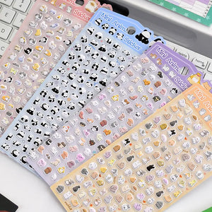 Wholesale display of 4 Mini Animal Seal sticker sheets (orange/purple/blue/pink), cute mini animal designs