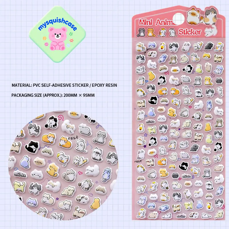 Mini Animal Seal 3D bubble sticker sheet with cat & hamster patterns, pink gradient background, PVC self-adhesive, size 200×95mm