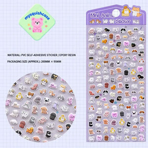 Mini Animal Seal 3D bubble sticker sheet with rabbit & panda patterns, purple gradient background, PVC self-adhesive, size 200×95mm
