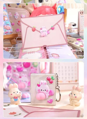 Application scene display of 3D peach butt stickers on envelope, card holder and stationery, showing cute decorative effect
