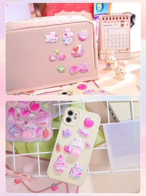 Application scene display of 3D peach butt stickers on makeup bag and phone case, showing DIY decorative effect