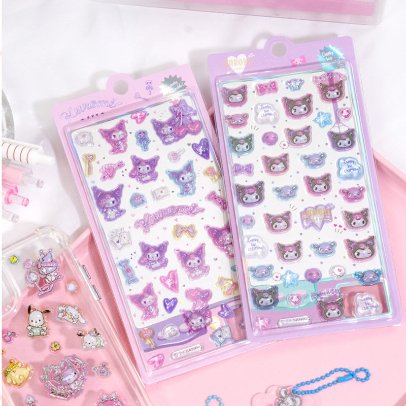 Adorable Kuromi-themed 3D epoxy stickers perfect for DIY phone cases and crafts. High-quality self-adhesive kawaii Sanrio stickers for creative personalization!