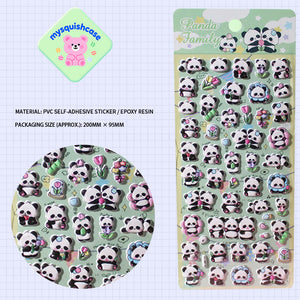 Adorable spring panda family-themed 3D epoxy stickers. Perfect for decorating phone cases, laptops, and DIY crafts. Cute kawaii panda animal character decals.