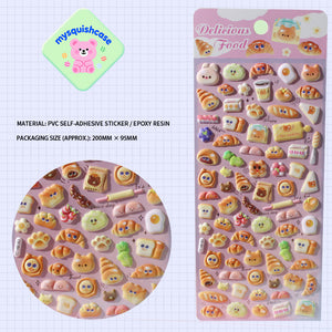 Adorable baking-themed 3D epoxy stickers featuring cute creatures and food. Perfect for decorating phone cases, laptops, and crafts. Kawaii bakery character decals.
