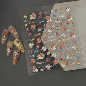 Adorable 3D embossed nail stickers featuring cute penguin, bear, and small animal patterns. Easy to apply, long-lasting nail art decals. Perfect for DIY manicures, parties, and everyday wear.