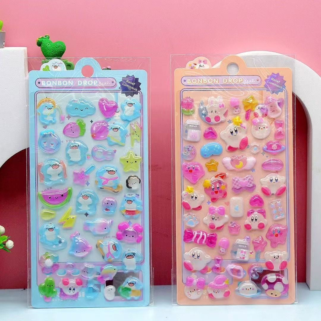 Adorable Kirby cartoon stickers perfect for DIY decoration. High-quality 3D crystal stickers for phone cases, crafts, and personalization. Kawaii Kirby designs!