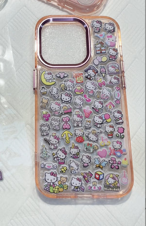 Adorable handmade Hello Kitty and cute decor collage clear iPhone case with rose gold frame. Unique kawaii Sanrio design featuring 3D epoxy stickers. Premium custom phone case for Hello Kitty fans.