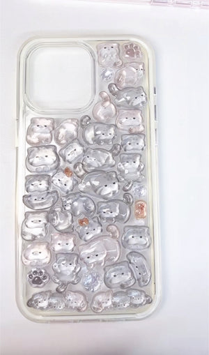 Adorable handmade iridescent plump cat collage clear iPhone case. Unique kawaii design featuring cute chubby cat stickers. Premium quality custom phone case for cat lovers.