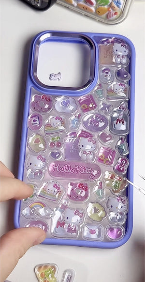 Adorable handmade Hello Kitty purple 3D clear iPhone case. Unique kawaii Sanrio design featuring 3D epoxy stickers. Premium quality custom phone case for Hello Kitty fans.
