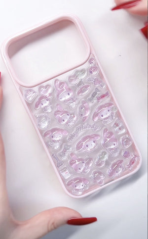 Adorable handmade My Melody pink clear iPhone case. Unique kawaii Sanrio design featuring 3D epoxy stickers. Premium quality custom phone case for My Melody fans.