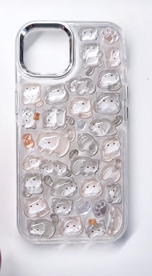 Adorable handmade bear bubble 3D clear iPhone case. Unique kawaii design featuring cute bear and bubble stickers. Premium quality custom phone case for kawaii lovers.