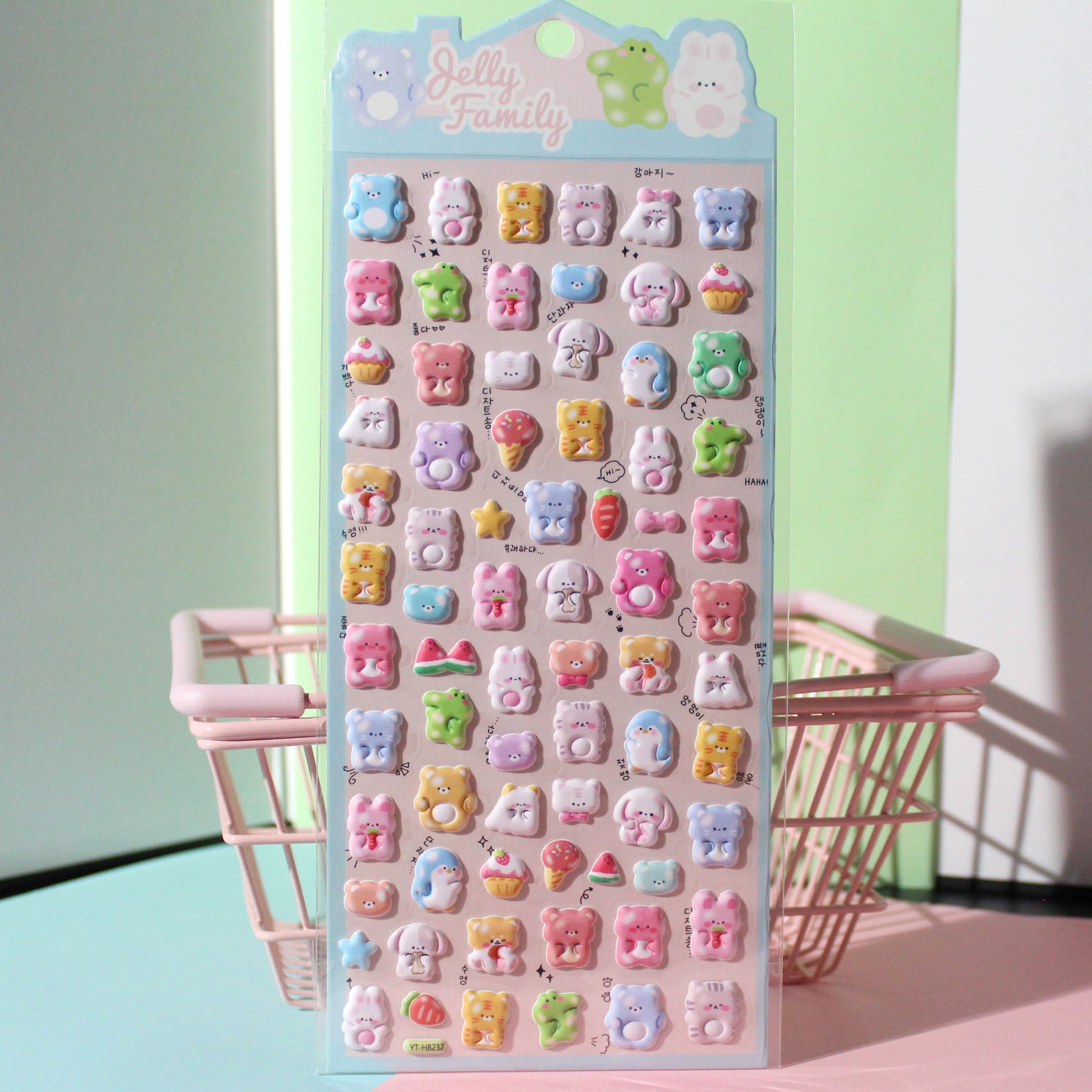 Adorable jelly family-themed 3D epoxy stickers featuring cute creatures. Perfect for decorating phone cases, laptops, and DIY crafts. Kawaii animal character decals.