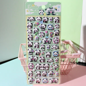 Adorable spring panda family-themed 3D epoxy stickers. Perfect for decorating phone cases, laptops, and DIY crafts. Cute kawaii panda animal character decals.
