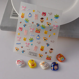 Adorable 5D embossed nail stickers with cute cartoon bee and bear designs. Easy to apply, long-lasting nail art. Perfect for fun manicures, kids' nails, and playful nail decorations. High-quality nail decals.