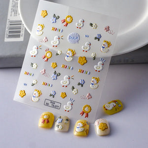 Adorable 5D embossed nail stickers with cute cartoon bee and bear designs. Easy to apply, long-lasting nail art. Perfect for fun manicures, kids' nails, and playful nail decorations. High-quality nail decals.