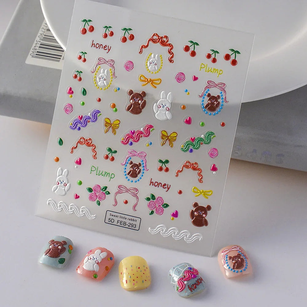5D Nail Stickers: Embossed Stickers with Cartoon Bee & Bear Designs