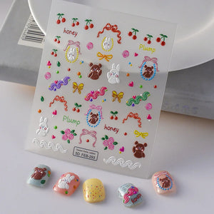 Adorable 5D embossed nail stickers with cute cartoon bee and bear designs. Easy to apply, long-lasting nail art. Perfect for fun manicures, kids' nails, and playful nail decorations. High-quality nail decals.