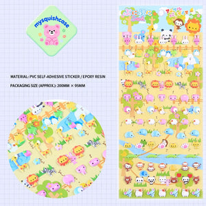 Product display of "Animal Parade" zoo themed 3D puffy sticker sheet, including material (PVC/epoxy resin) and packaging size (200mm×95mm), cute kawaii stickers for planner decoration