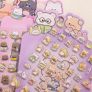 Close-up of 3D puffy "Animal Park" stickers, highlighting cute bear and rabbit motifs with daily life elements, self-adhesive PVC stickers perfect for planners and scrapbooking
