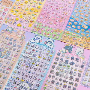 Collection of 3D puffy sticker sheets from "Animal Park" series, featuring cute pandas, cats, bears, and rabbits in colorful designs, self-adhesive PVC epoxy stickers for DIY crafts
