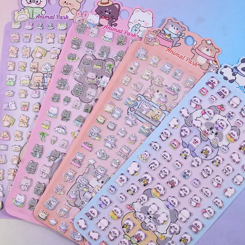 Collection of "Animal Park" 3D puffy sticker sheets, with cute designs of bears, cats, pandas, and rabbits, self-adhesive epoxy PVC stickers for stationery decoration