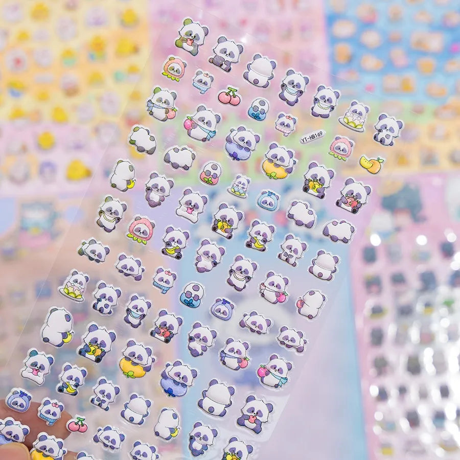 Close-up of 3D puffy "Animal Park" panda stickers, highlighting cute pandas with fruit and daily life elements, self-adhesive PVC stickers
