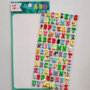 Product display of animal-themed 3D alphabet stickers, showing material (PVC/epoxy resin) and packaging size (200×95mm).