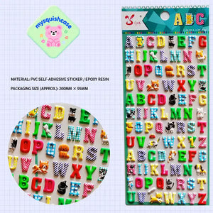 3D alphabet sticker sheet with cute animal decorations (cat, dog, fox, etc.), featuring colorful patterned A-Z letters for DIY phone case.