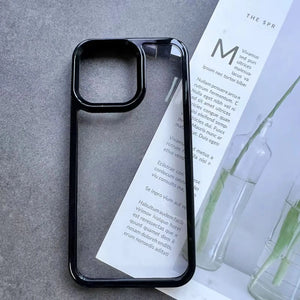 Clear DIY phone case for iPhone with black protective frame and transparent back panel, featuring raised camera protection, ready for sticker decoration.