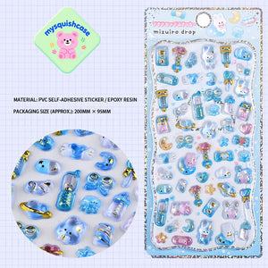 Product display of blue pet themed 3D crystal puffy sticker sheet, including material (PVC/epoxy resin) and packaging size (200mm×95mm), cute kawaii stickers for planner decoration