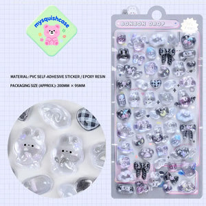 BONBON DROP 3D crystal sticker sheet with bow & rabbit patterns, checkered design, PVC self-adhesive, size 200×95mm
